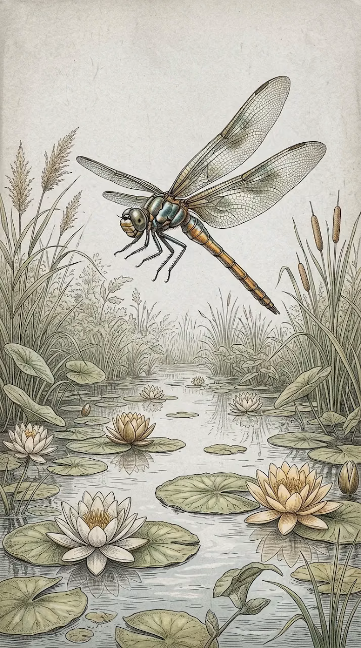 Vintage Style Dragonfly Illustration Over a Tranquil Pond - Free Mobile AMOLED Wallpaper Background