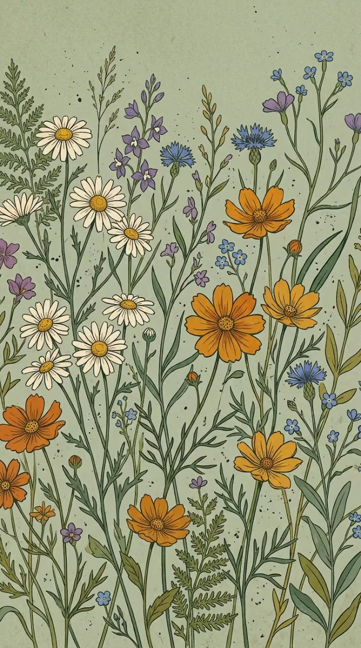 Vintage Style Illustration of Wildflowers on a Muted Green Background - Free Mobile AMOLED Wallpaper Background