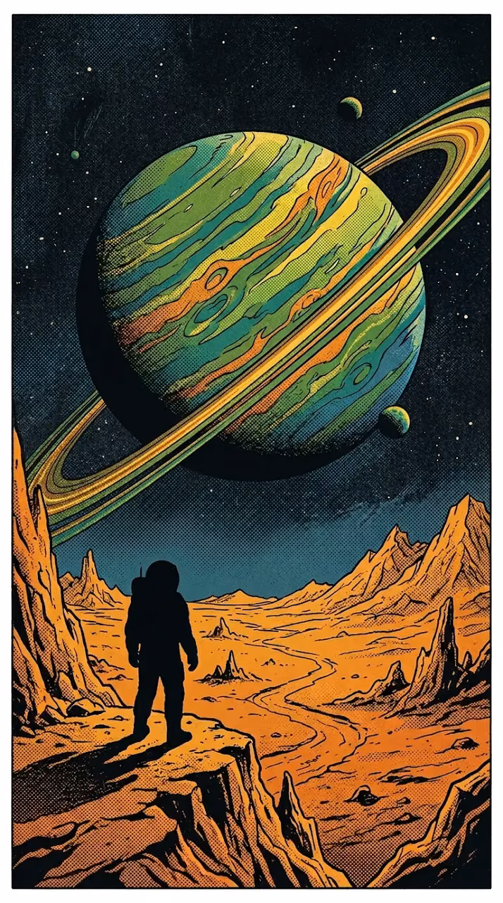 Download Vintage Style Space Poster of Explorer on Alien Planet Wallpaper in Mobile HD Vintage Style Space Poster of Explorer on Alien Planet - Free Mobile AMOLED Wallpaper Background