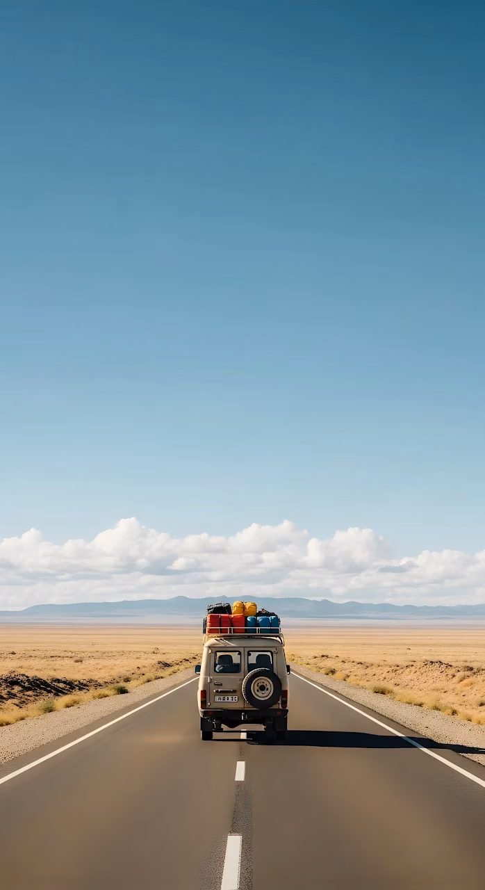 Vintage Van Road Trip Across Vast Desert Landscape - Free Mobile AMOLED Wallpaper Background
