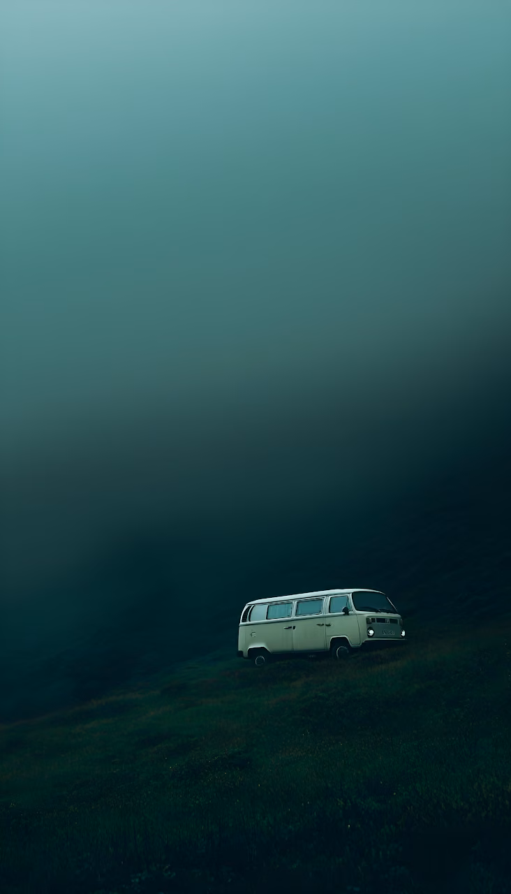 Download Vintage VW Bus on Moody Emerald Hillside in Deep Fog Wallpaper in Mobile HD Vintage VW Bus on Moody Emerald Hillside in Deep Fog - Free Mobile AMOLED Wallpaper Background