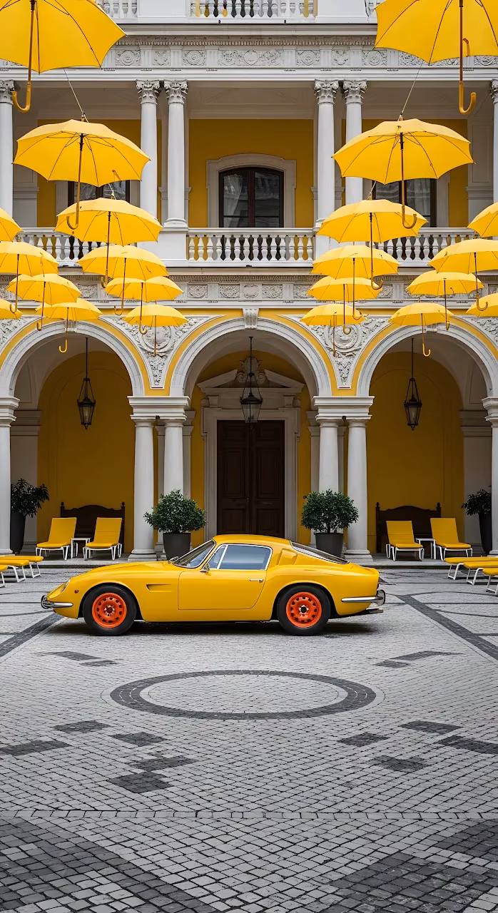 Download Vintage Yellow Sports Coupe Umbrella Architectural Courtyard Wallpaper in Mobile HD Vintage Yellow Sports Coupe Umbrella Architectural Courtyard - Free Mobile AMOLED Wallpaper Background