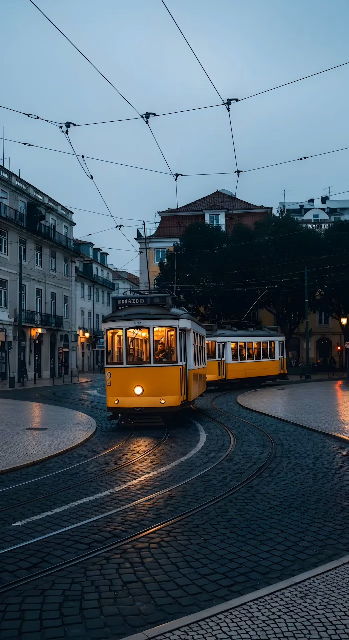 Vintage Yellow Tram on Cobblestone Street at Dusk in Lisbon - Free Mobile AMOLED Wallpaper Background