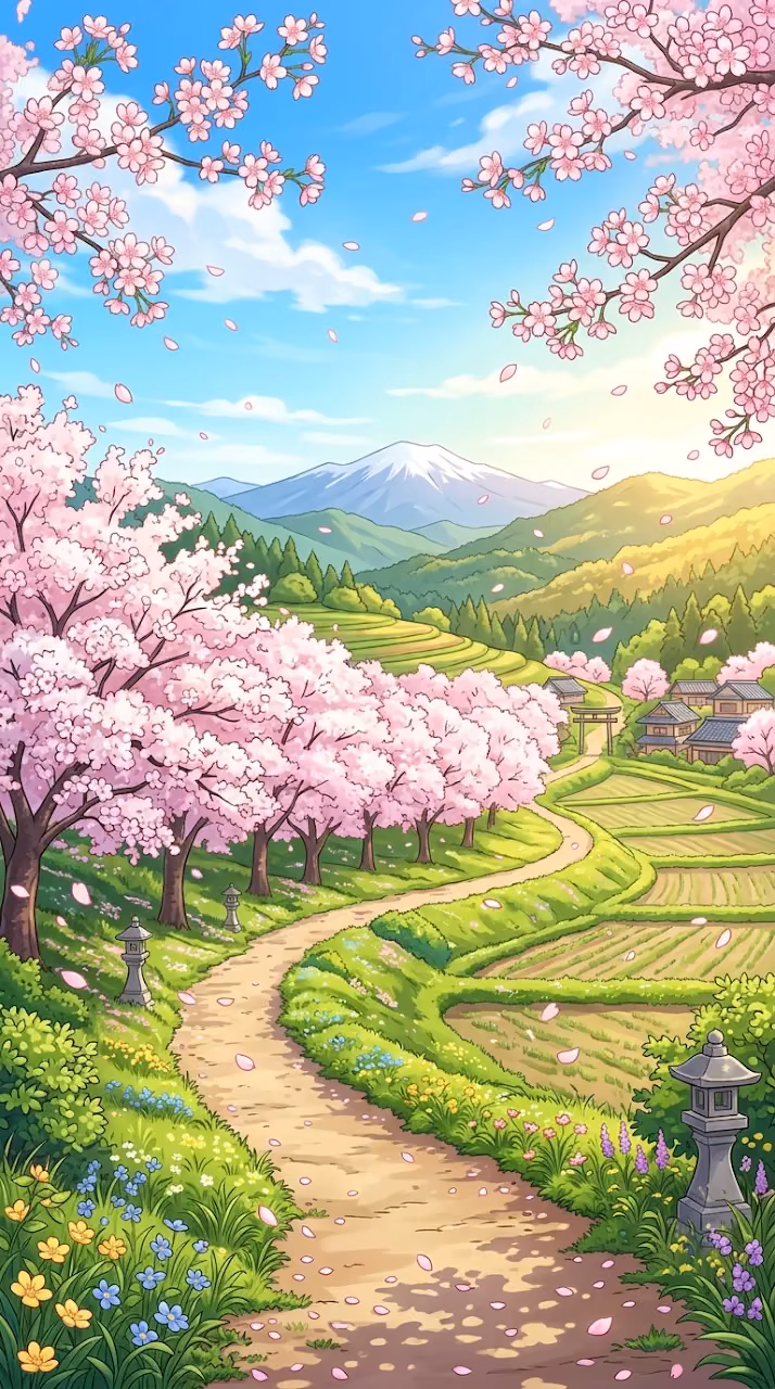 Vivid Anime-Inspired Cherry Blossom Spring Landscape - Free Mobile AMOLED Wallpaper Background
