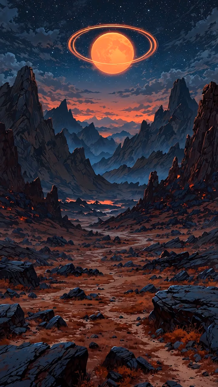 Volcanic Alien Landscape Under a Giant Ringed Orange Planet - Free Mobile AMOLED Wallpaper Background