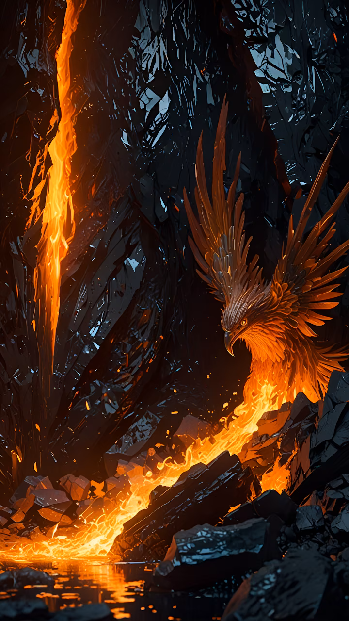 Volcanic Phoenix Emergence from Dark Obsidian Cave - Free Mobile AMOLED Wallpaper Background