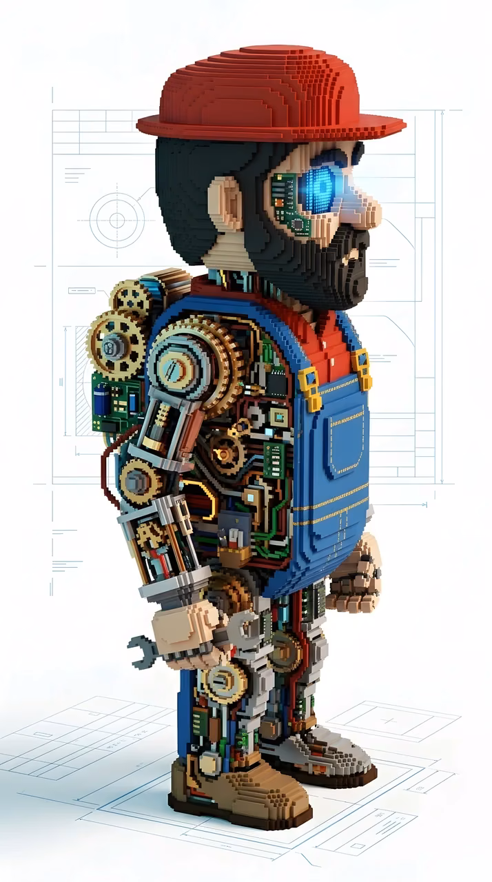 Voxel Art of Robot Character with Internal Mechanics - Free Mobile AMOLED Wallpaper Background