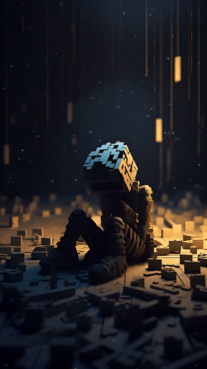 Voxel Figure Slumped in Darkness Digital Breakdown Art - Free Mobile AMOLED Wallpaper Background