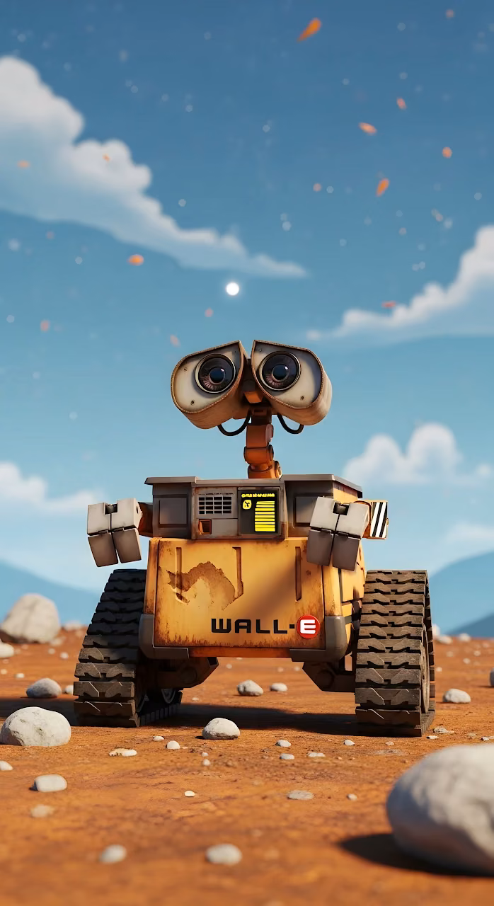 WALL-E Robot Standing on Dusty Earth Under Blue Sky - Free Mobile AMOLED Wallpaper Background