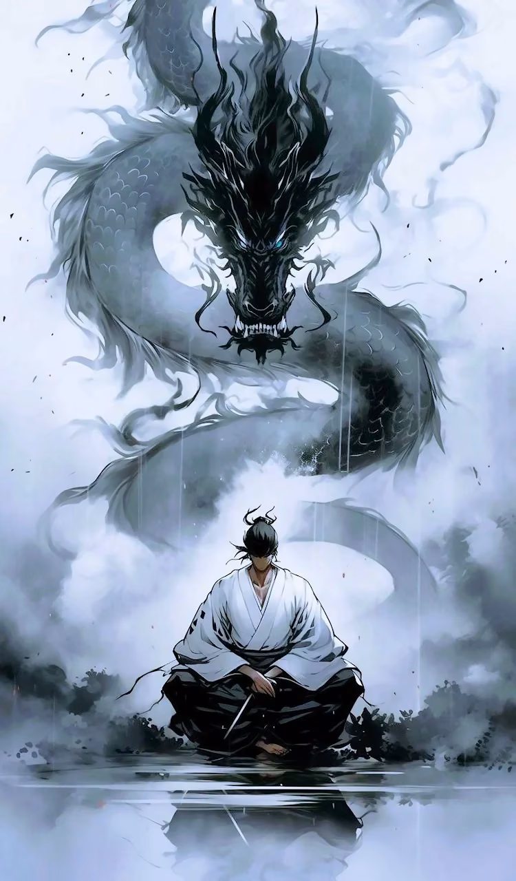 Download Warrior Meditation Under Looming Black Dragon Art Wallpaper in Mobile HD Warrior Meditation Under Looming Black Dragon Art - Free Mobile AMOLED Wallpaper Background