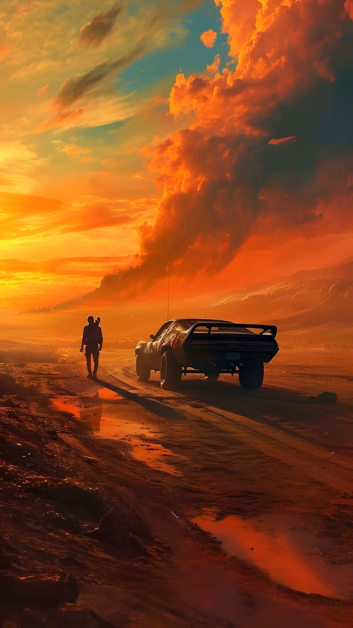 Wasteland Wanderer and Muscle Car at Fiery Sunset - Free Mobile AMOLED Wallpaper Background
