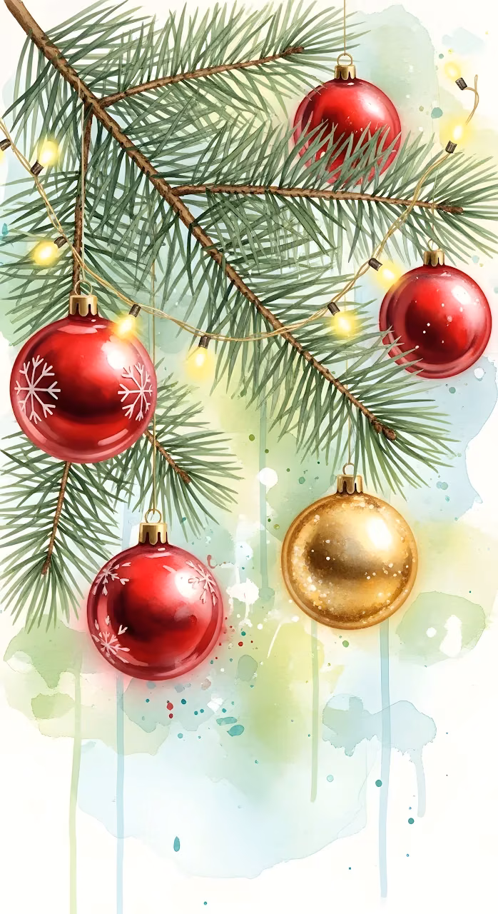 Watercolor Christmas Ornaments on Pine Branch with String Lights - Free Mobile AMOLED Wallpaper Background