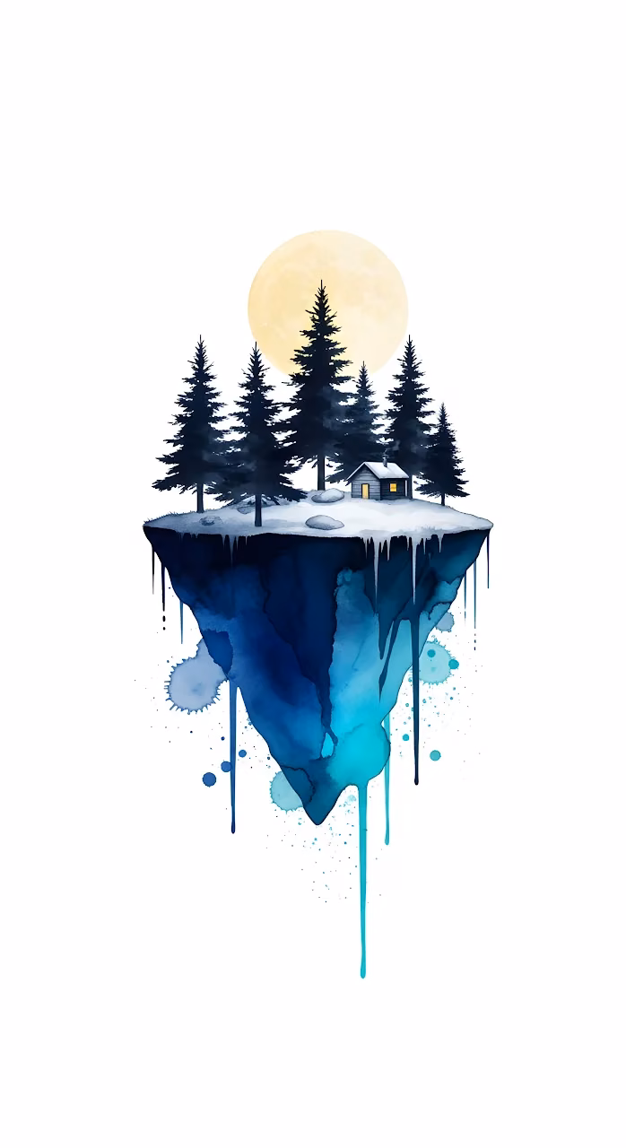 Watercolor Floating Island Winter Cabin Illustration - Free Mobile AMOLED Wallpaper Background