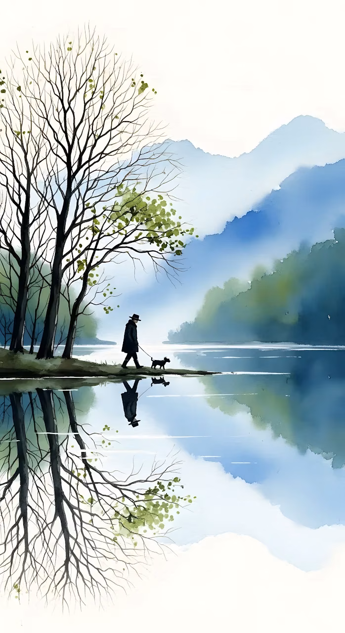 Watercolor Man Dog Walk Misty Lakeside Reflection Art - Free Mobile AMOLED Wallpaper Background