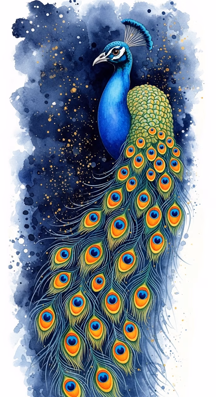 Watercolor Peacock with Vibrant Feather Eyes - Free Mobile AMOLED Wallpaper Background