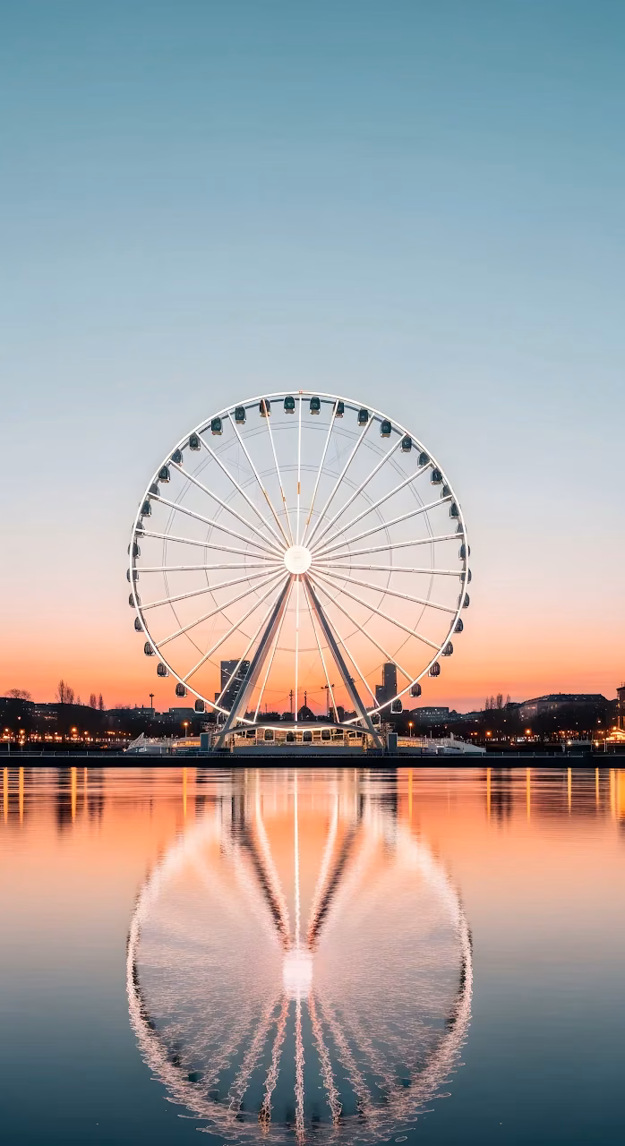 Waterfront Ferris Wheel Sunset Reflection Pastel Sky City - Free Mobile AMOLED Wallpaper Background