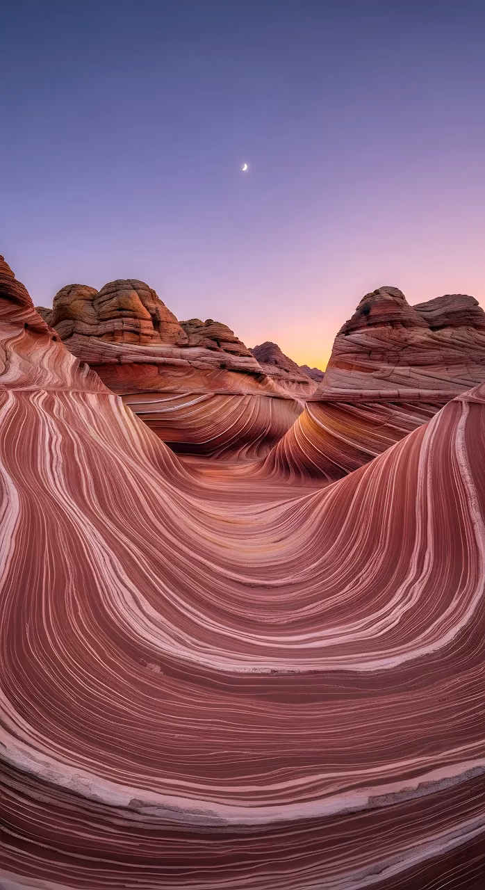 The Wave Arizona Sandstone Formation at Twilight with Crescent Moon - Free Mobile AMOLED Wallpaper Background