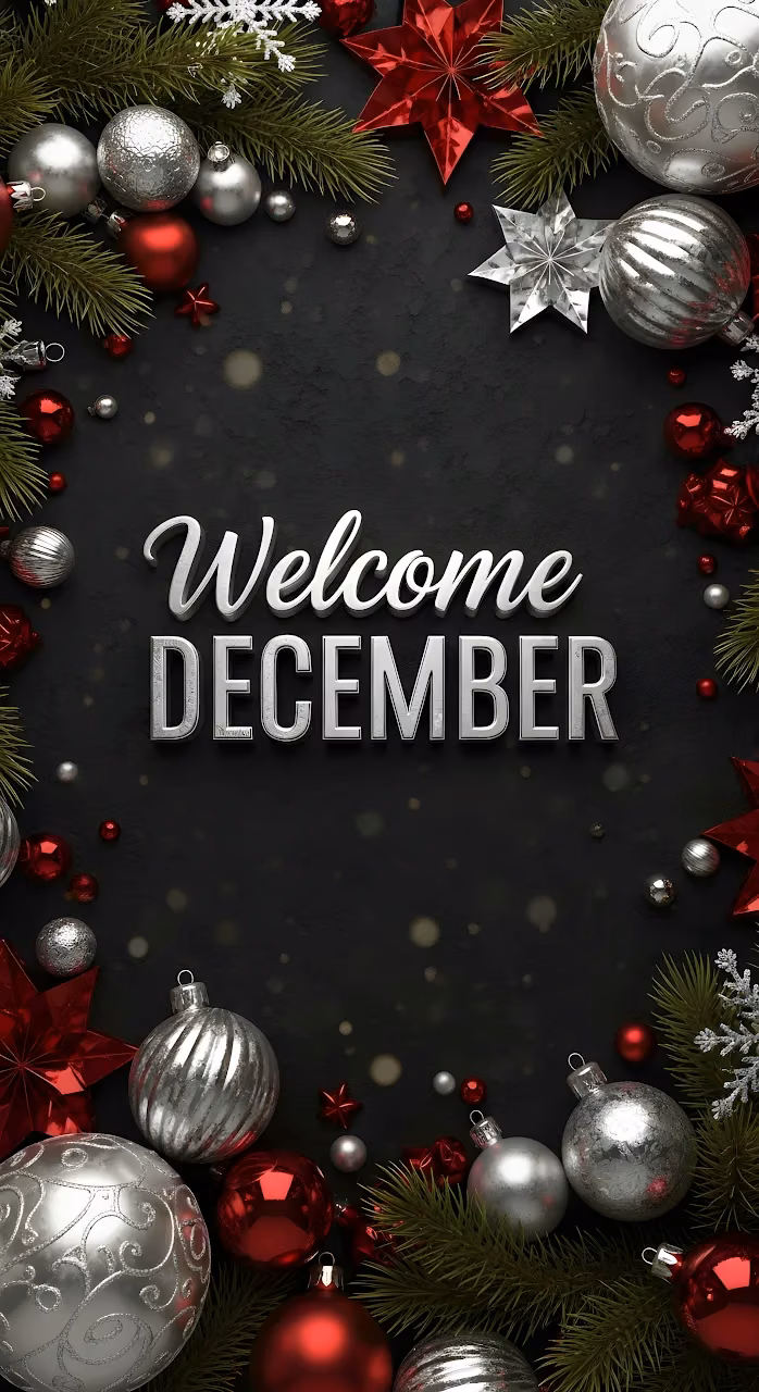 Download Welcome December Festive Ornaments Dark Frame Wallpaper in Mobile HD Welcome December Festive Ornaments Dark Frame - Free Mobile AMOLED Wallpaper Background