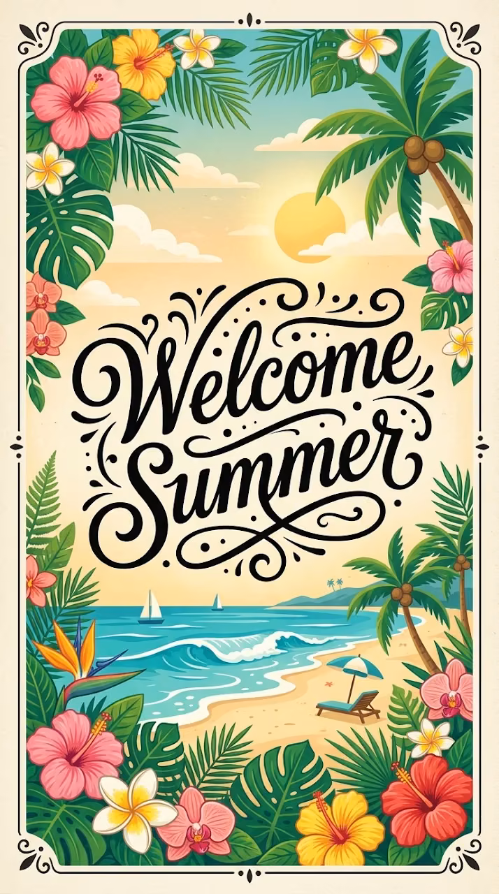 Download Welcome Summer Script Typography with Illustrated Tropical Floral Frame Wallpaper in Mobile HD Welcome Summer Script Typography with Illustrated Tropical Floral Frame - Free Mobile AMOLED Wallpaper Background
