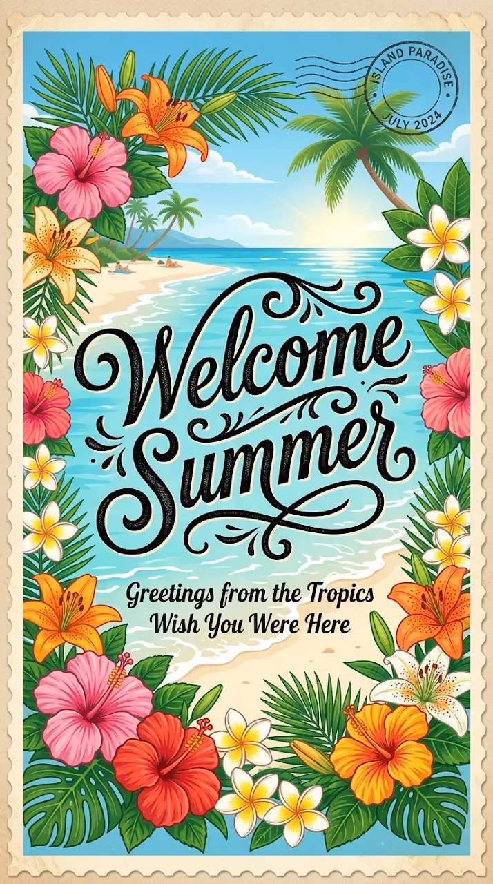 Download Welcome Summer Typography with Tropical Floral Frame and Beach Background Wallpaper in Mobile HD Welcome Summer Typography with Tropical Floral Frame and Beach Background - Free Mobile AMOLED Wallpaper Background