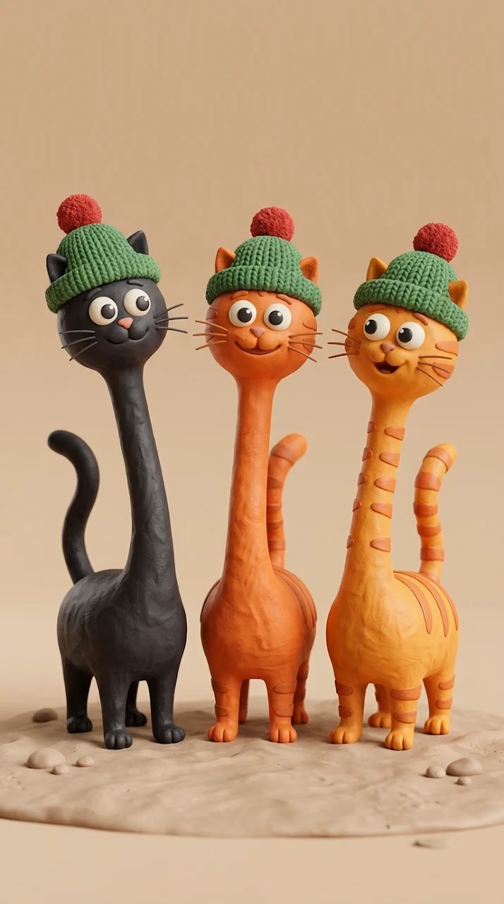 Whimsical 3D Render of Three Stylized Clay Cats with Hats - Free Mobile AMOLED Wallpaper Background