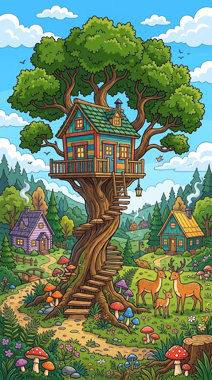 Whimsical Cartoon Forest Scene with Treehouse and Cabins - Free Mobile AMOLED Wallpaper Background