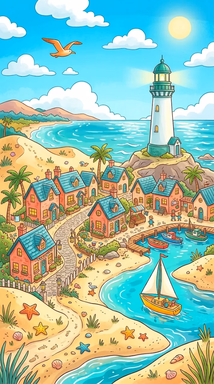 Whimsical Cartoon Miniature Seaside Village with Coral Walls - Free Mobile AMOLED Wallpaper Background
