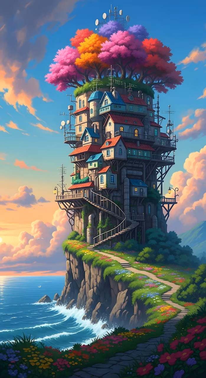 Whimsical Cliffside Tower House Fantasy Architecture - Free Mobile AMOLED Wallpaper Background