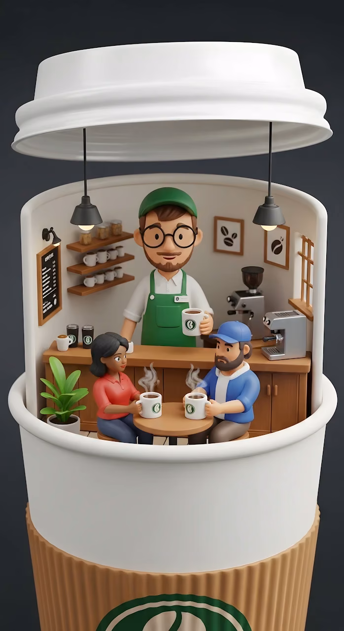Whimsical Coffee Shop Diorama Inside Giant Cup 3D Art - Free Mobile AMOLED Wallpaper Background