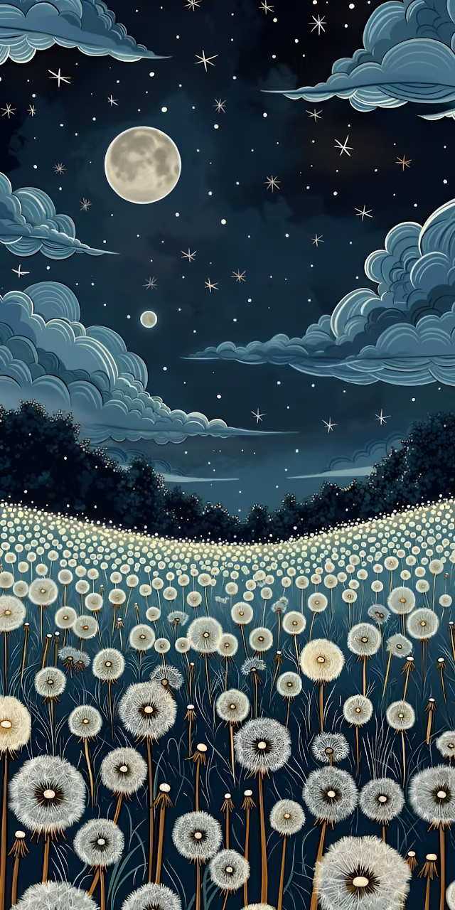 Download Whimsical Dandelion Field Under Starry Midnight Sky Painting Wallpaper in Mobile HD Whimsical Dandelion Field Under Starry Midnight Sky Painting - Free Mobile AMOLED Wallpaper Background