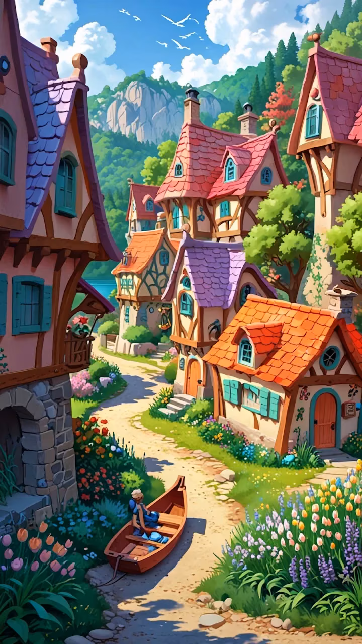 Whimsical European Village Street in Mountain Valley - Free Mobile AMOLED Wallpaper Background