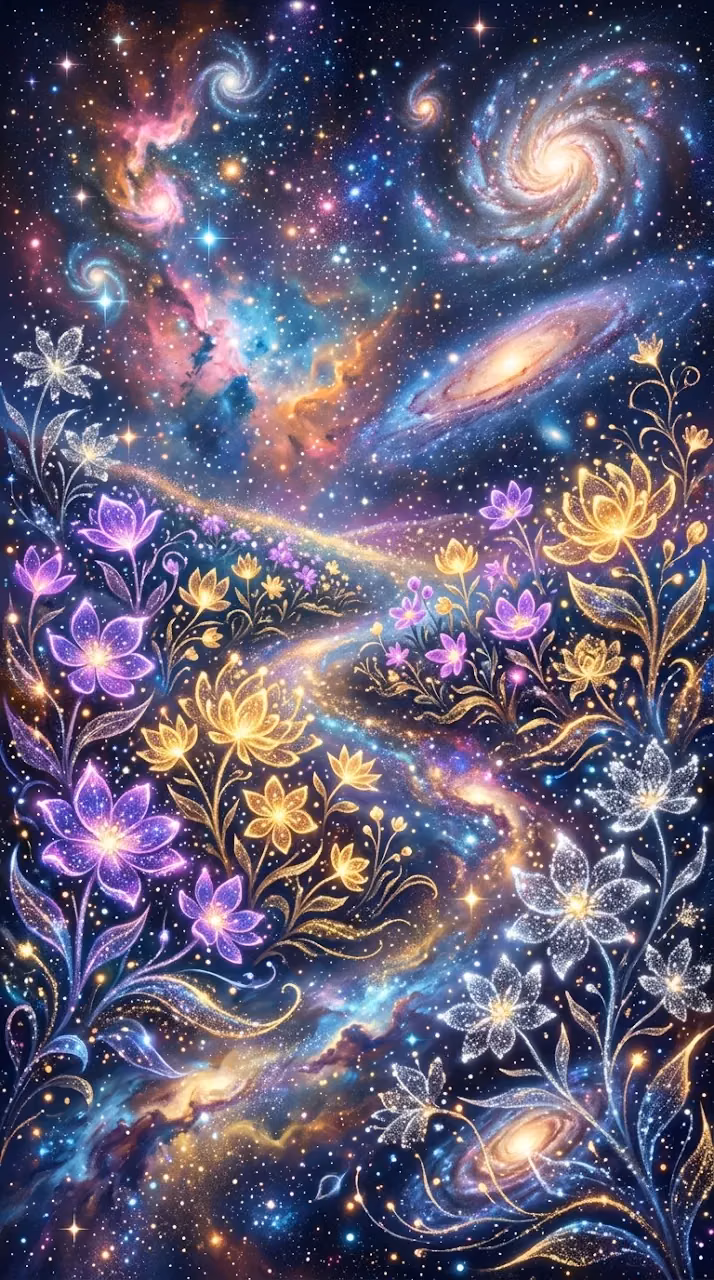 Whimsical Galaxy Garden with Flowers Made of Stars and Cosmic Energy - Free Mobile AMOLED Wallpaper Background