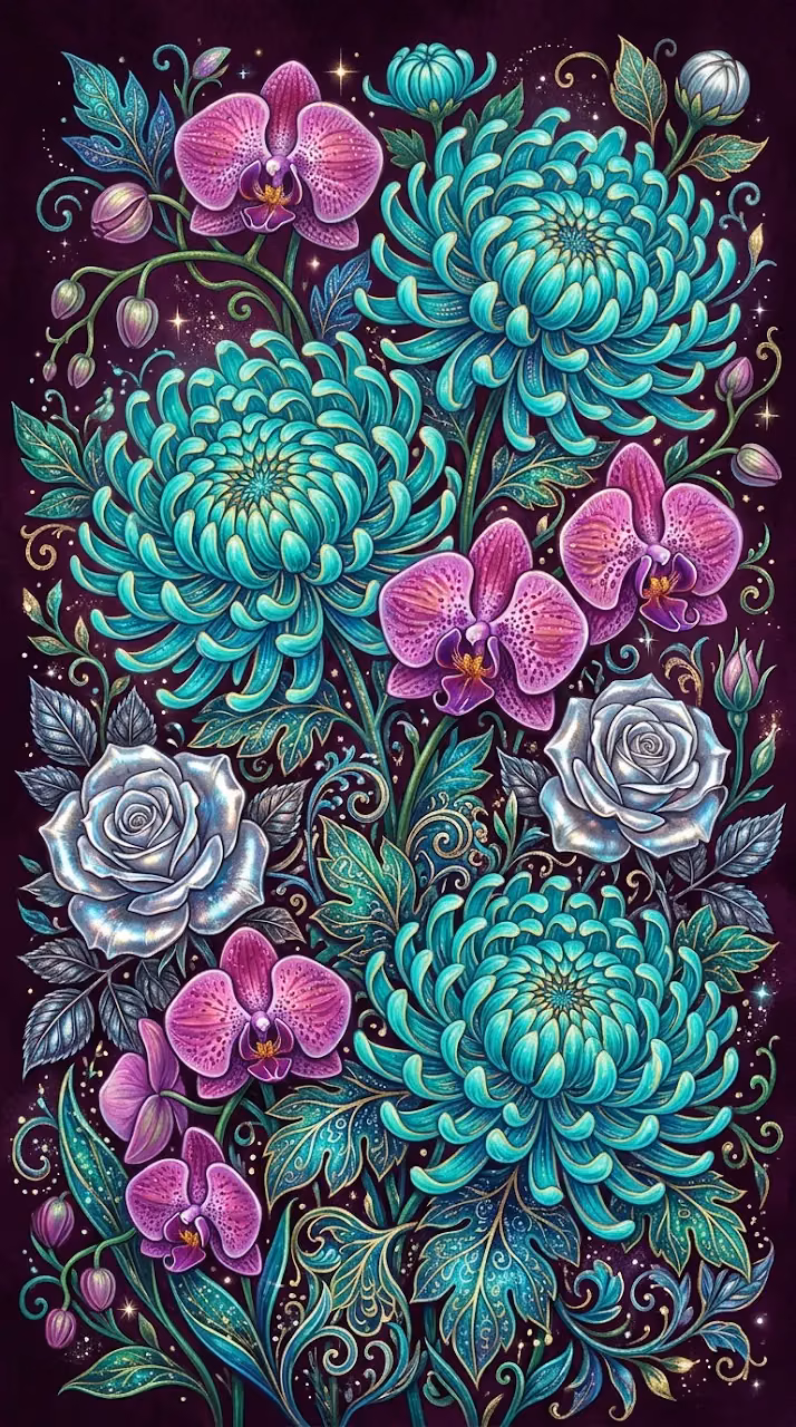 Whimsical Garden of Fantastical Metallic Flowers on Plum Background - Free Mobile AMOLED Wallpaper Background