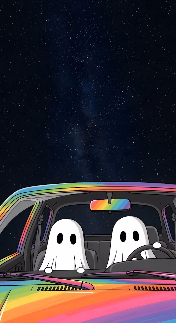Whimsical Ghosts Driving Rainbow Car Under Starry Night - Free Mobile AMOLED Wallpaper Background