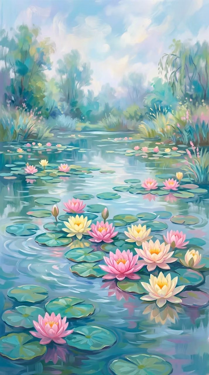 Download Whimsical Impressionist Lily Pad Pond in Pastel Colors Wallpaper in Mobile HD Whimsical Impressionist Lily Pad Pond in Pastel Colors - Free Mobile AMOLED Wallpaper Background