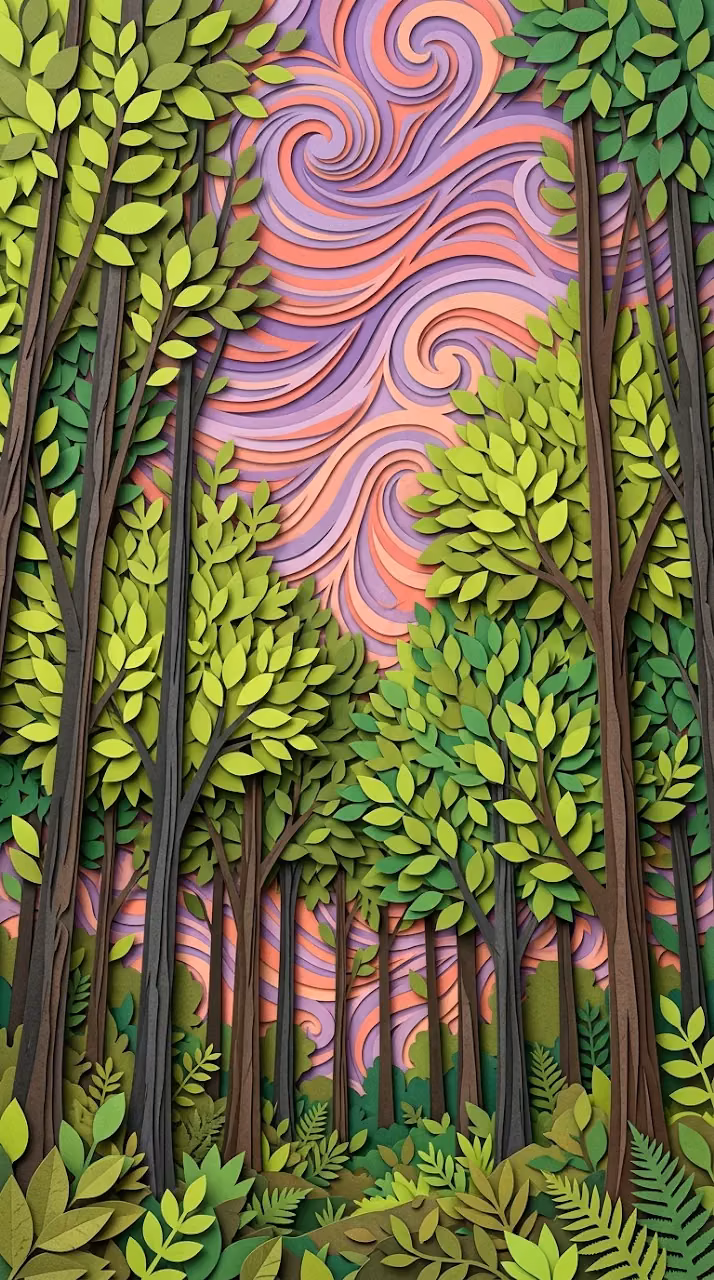 Whimsical Layered Paper Style Forest Canopy with Textured Sky - Free Mobile AMOLED Wallpaper Background