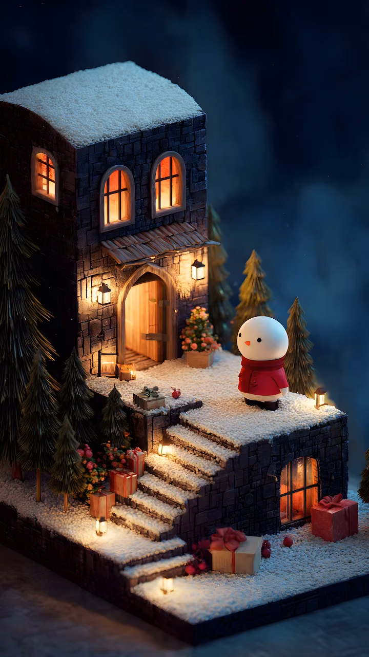 Whimsical Miniature Snowy Stone Cabin Christmas Scene - Free Mobile AMOLED Wallpaper Background
