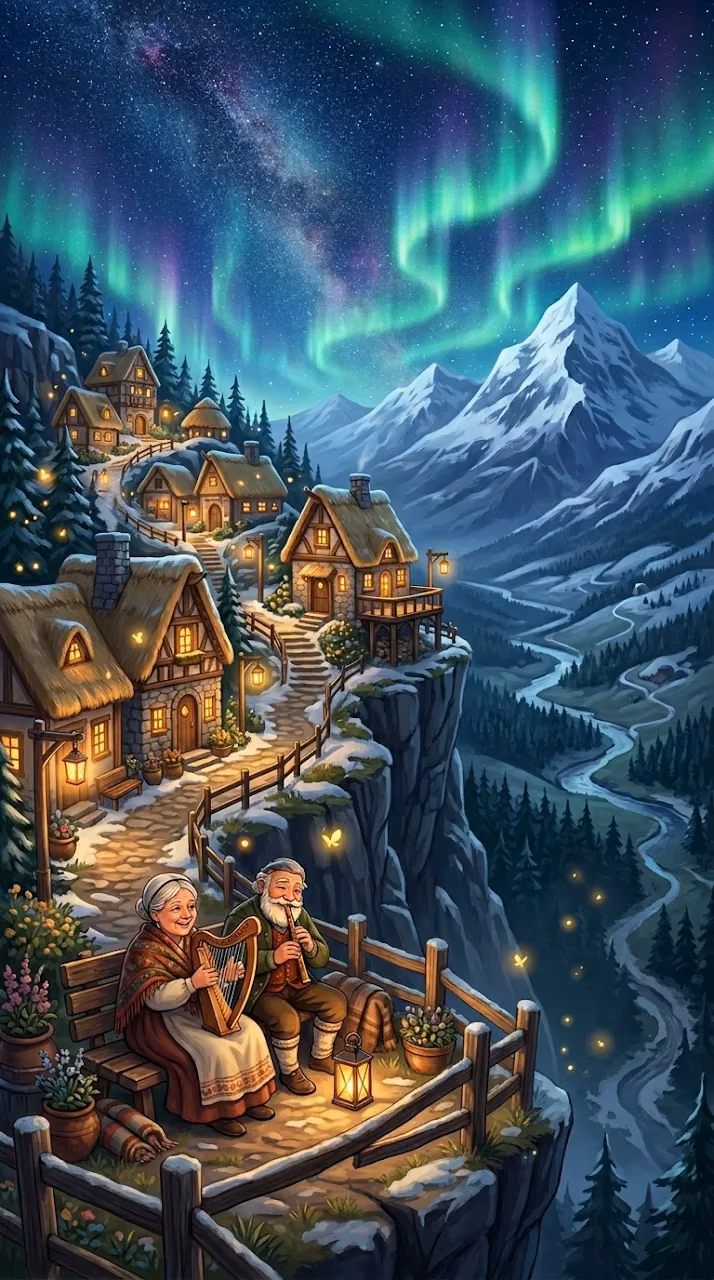 Whimsical Mountain Village Under Aurora Sky - Free Mobile AMOLED Wallpaper Background