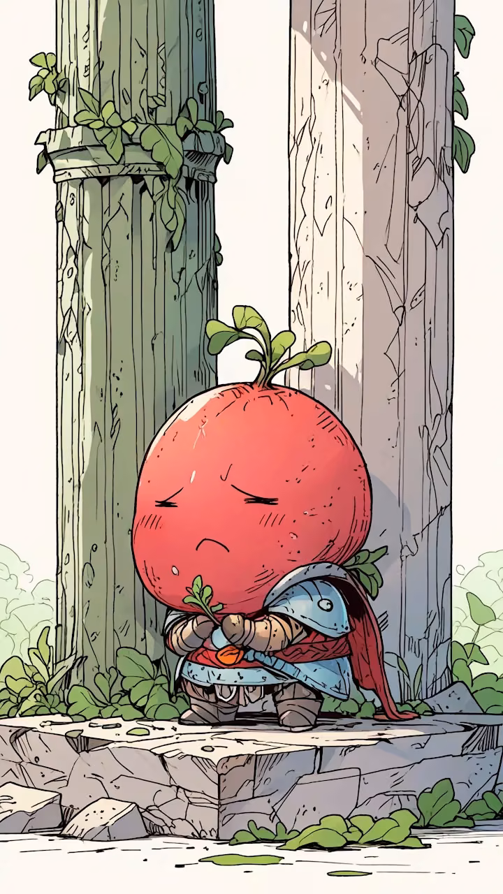 Download Whimsical Radish Knight Sitting Sad Comic Book Illustration Wallpaper in 4K UHD Whimsical Radish Knight Sitting Sad Comic Book Illustration - Free 4K Desktop Wallpaper Background