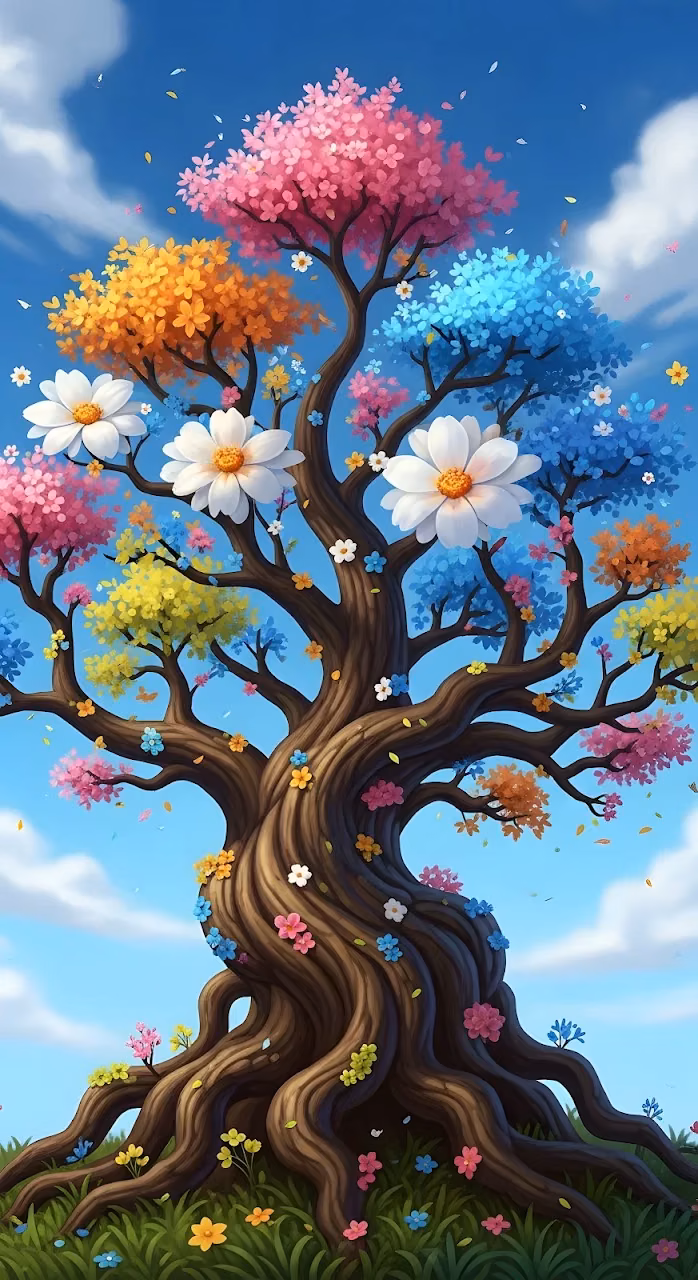 Download Whimsical Rainbow Tree with Giant Daisy Flowers Wallpaper in Mobile HD Whimsical Rainbow Tree with Giant Daisy Flowers - Free Mobile AMOLED Wallpaper Background