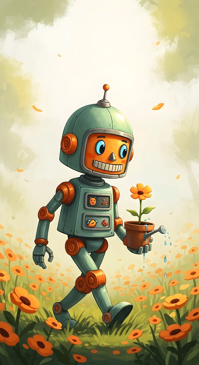 Whimsical Robot Watering Flower in a Sunny Field - Free Mobile AMOLED Wallpaper Background