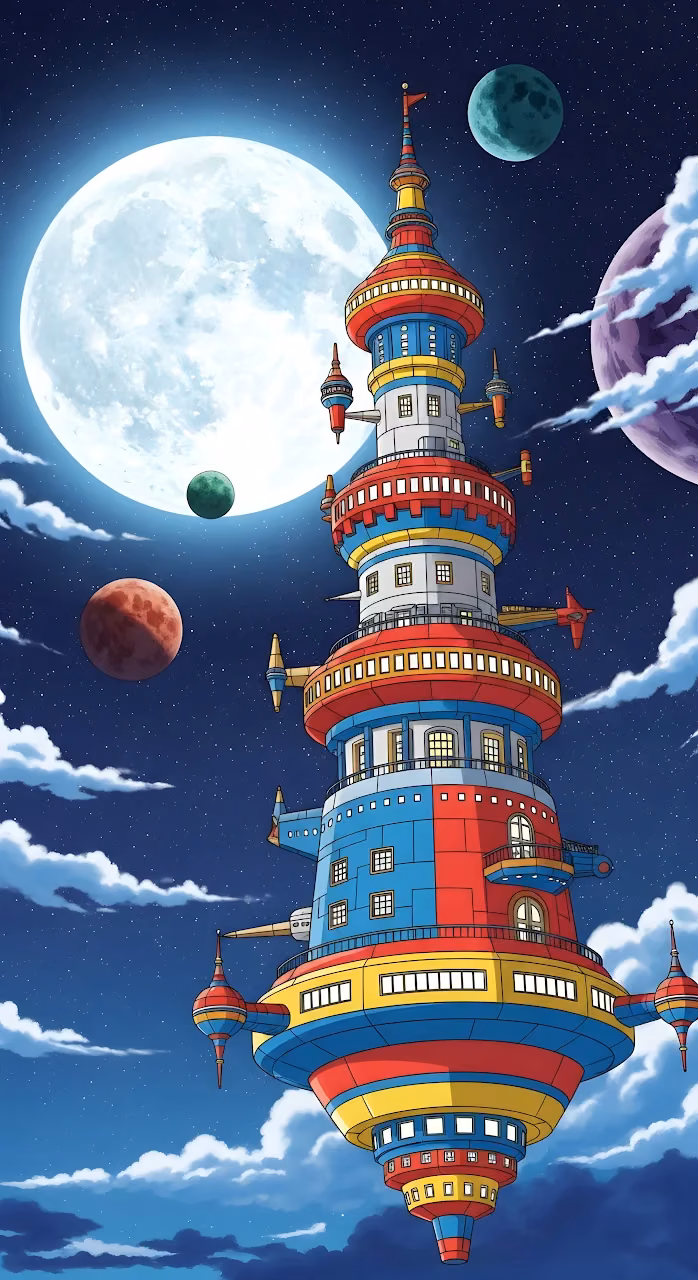 Download Whimsical Space Tower Fantasy Anime Art Planets Full Moon Wallpaper in Mobile HD Whimsical Space Tower Fantasy Anime Art Planets Full Moon - Free Mobile AMOLED Wallpaper Background