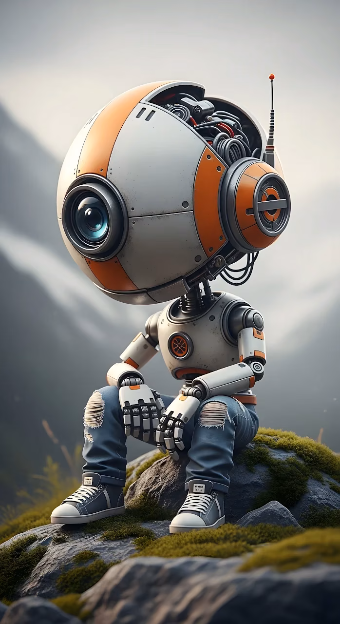 Whimsical Spherical Robot Sitting on a Mossy Mountain Rock - Free Mobile AMOLED Wallpaper Background