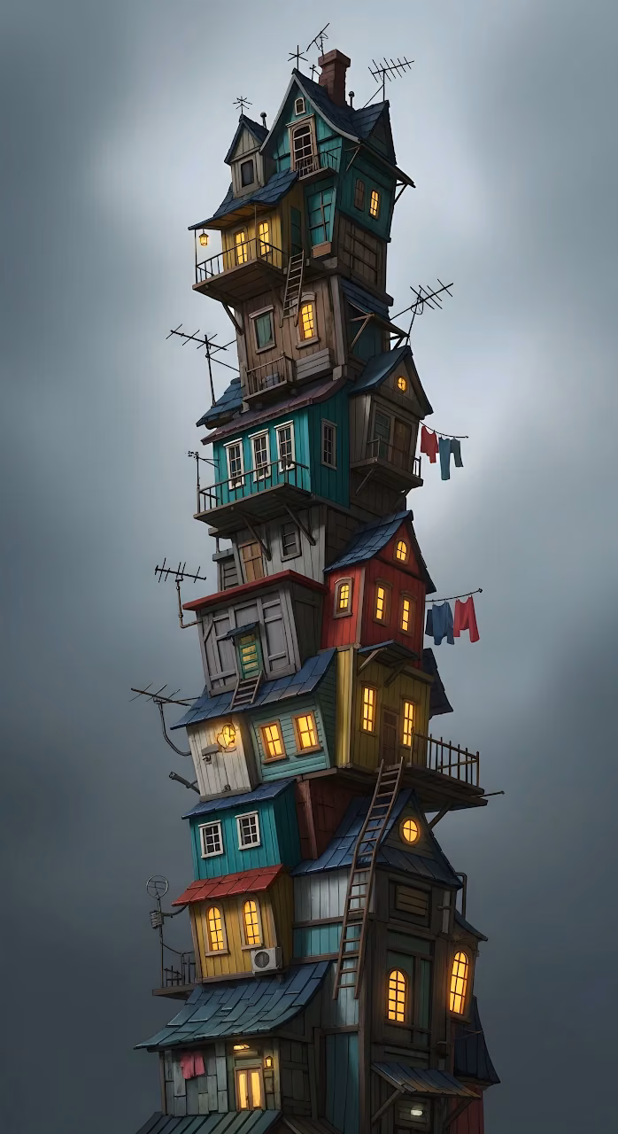 Whimsical Stacked Houses Tower Cartoon Art - Free Mobile AMOLED Wallpaper Background