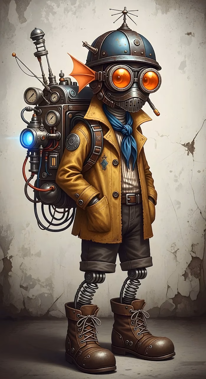 Whimsical Steampunk Inventor with Goggles and Spring Legs - Free Mobile AMOLED Wallpaper Background