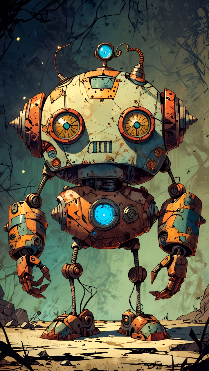 Whimsical Steampunk Robot Character Rusty Mechanical Art - Free Mobile AMOLED Wallpaper Background