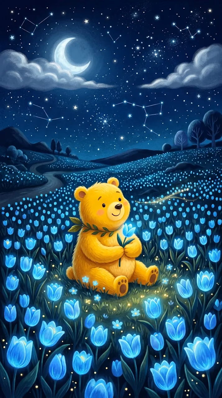Whimsical Surreal Scene with Yellow Bear and Blue Tulips - Free Mobile AMOLED Wallpaper Background