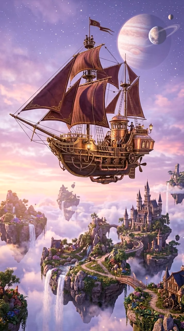 Whimsical Victorian Airship Floating Above Surreal Islands - Free Mobile AMOLED Wallpaper Background