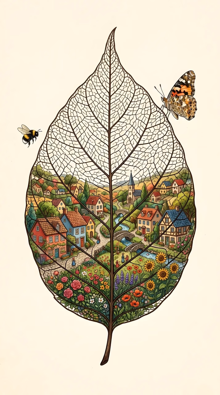 Whimsical Village Inside a Giant Autumn Leaf - Free Mobile AMOLED Wallpaper Background