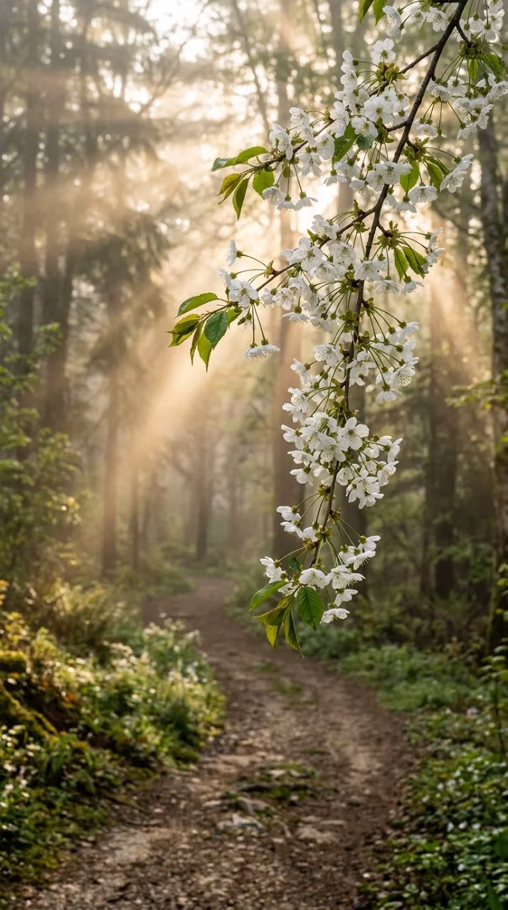 Download White Blossom Tree Hanging Over a Misty Pathway at Sunrise Wallpaper in Mobile HD White Blossom Tree Hanging Over a Misty Pathway at Sunrise - Free Mobile AMOLED Wallpaper Background